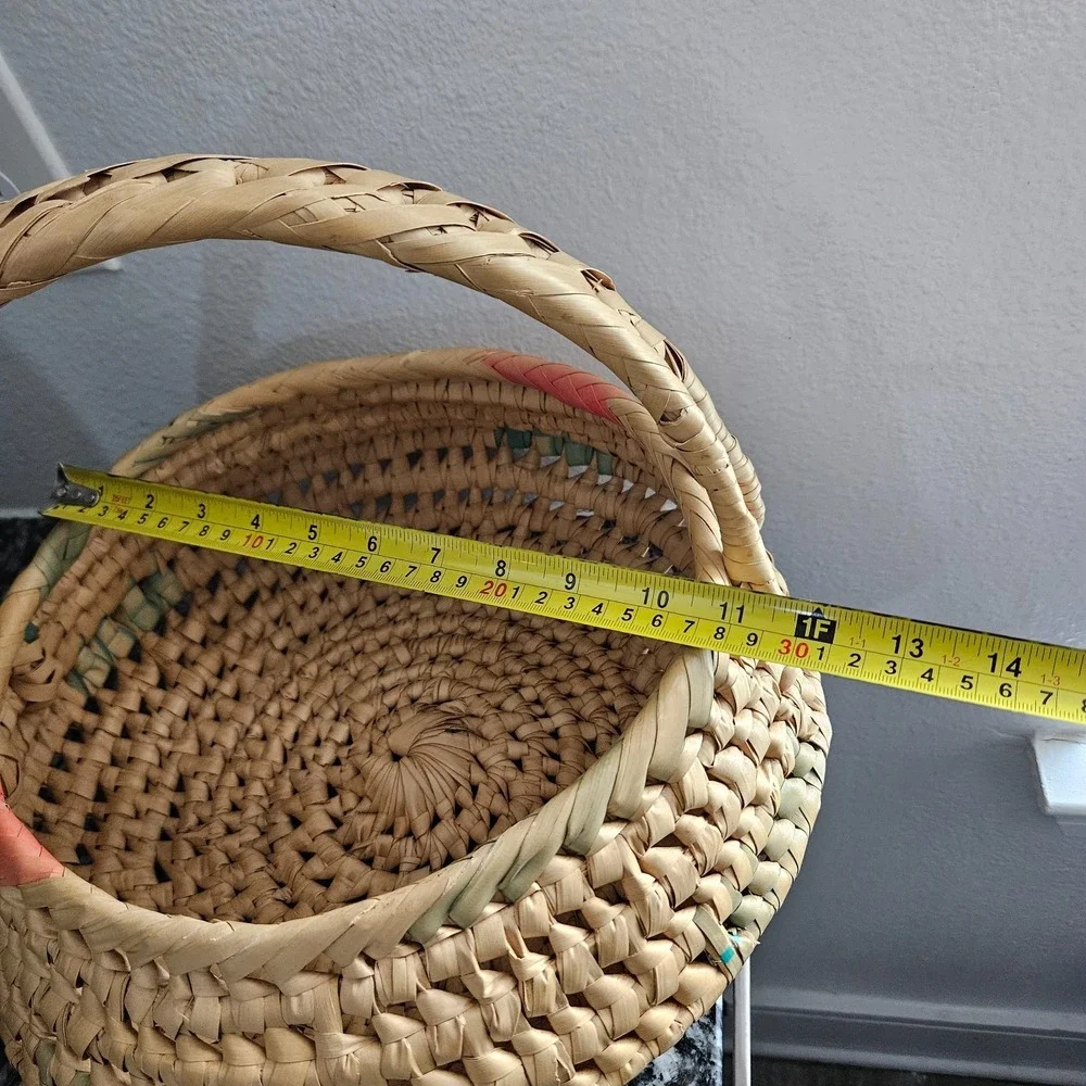 Vintage Native American Coiled‎ Basket Bowl colorful pattern with Handles